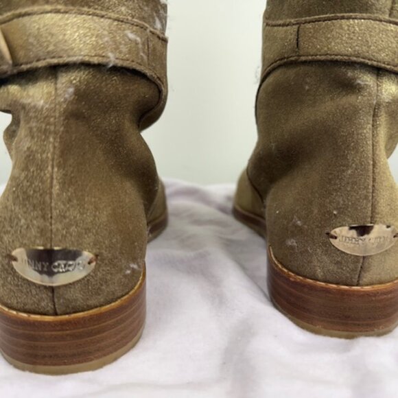 Jimmy Choo Suede Rabbit Fur Lined Gold Boots - Picture 3 of 5